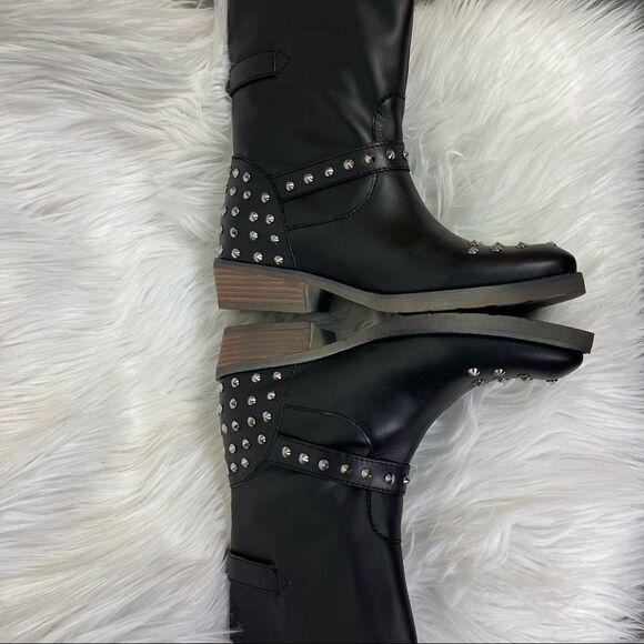 NEW LLKO Black Genuine Leather Studded Mid Calf Moto Booties EUR 38 US 7.5 - Picture 6 of 10
